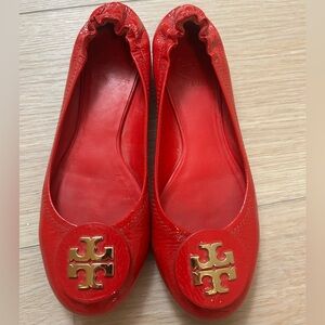 Tory Burch Minnie Red Flats with Gold Logo
